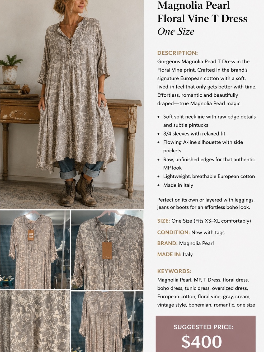 Magnolia Pearl Gray Green Floral Tiered Midi Dress